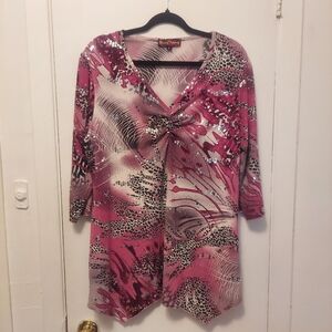 Claire France 3/4 Sleeve Asymmetric Tunic Pink Glitter Top Shirt sz 1X